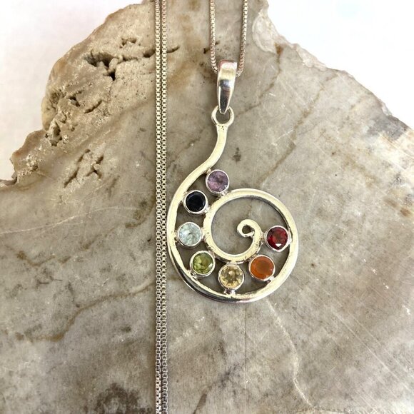 Sterling Silver 925 Multi Gemstone Rainbow Spiral Chakra Pendant Necklace 18" - Picture 1 of 16